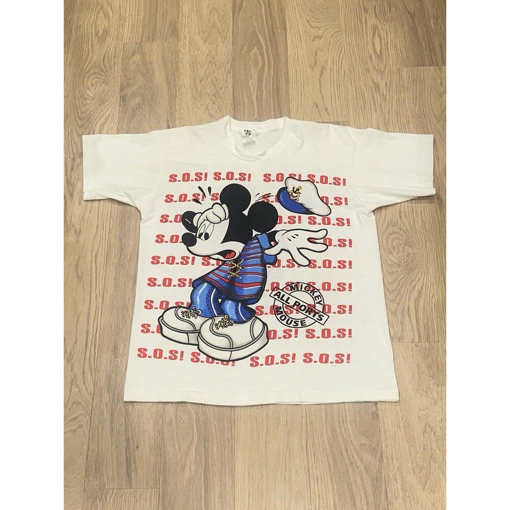 Vtg Mickey Mouse Disney SOS All Ports Graphic T Shirt Jerry Leigh Single Stitch
